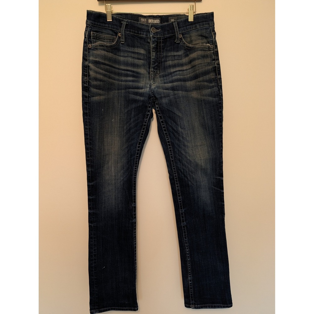 BKE Carter Straight Leg Jeans Mens 34L Dark Wash Whiskered Denim (fits 34x32.5)